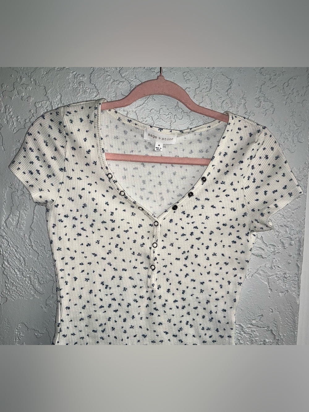 Sage + Stone White Ribbed Henley Top with Navy Micro Floral